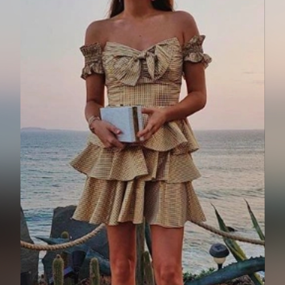 Carolina Constas Helena Gold Checked Ruffle Off The Shoulder Dress XS Holiday